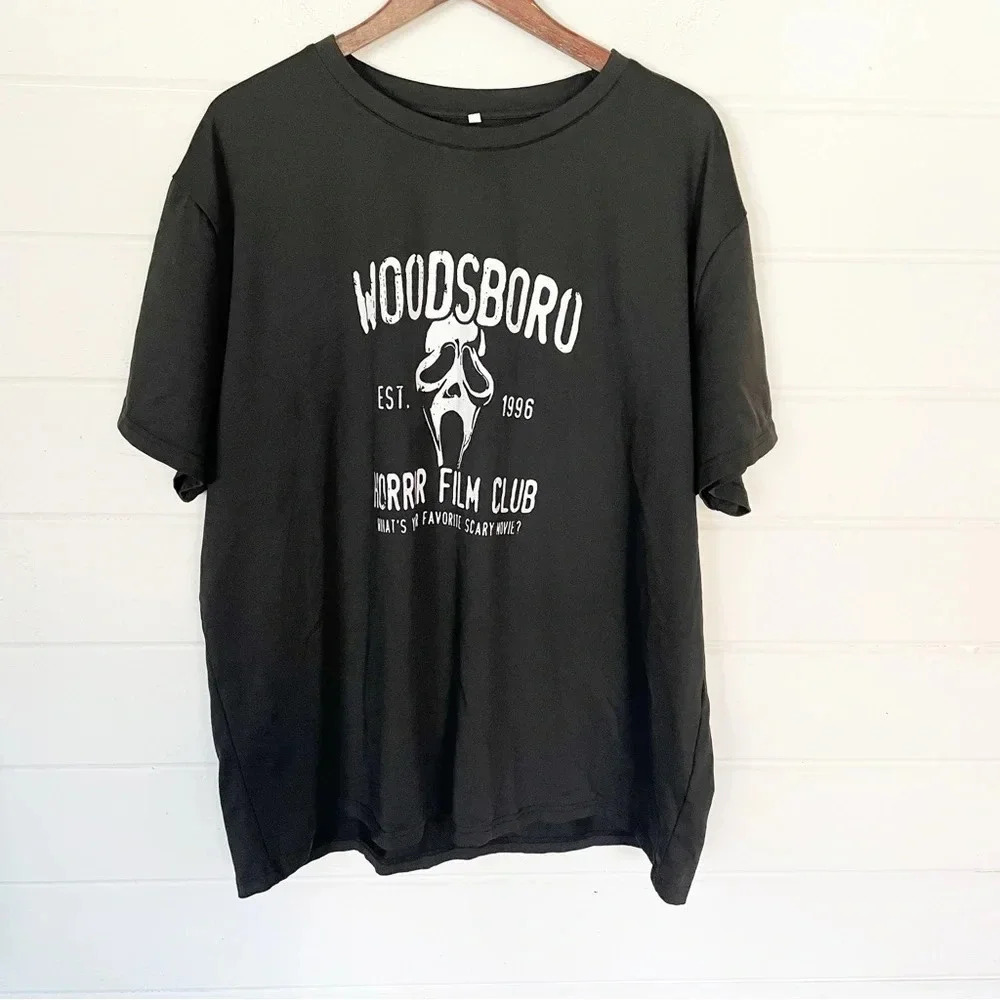 Unisex “Woodsboro Horror Film Club” Relaxed Fit Black Short Sleeve Tee Size 4XL